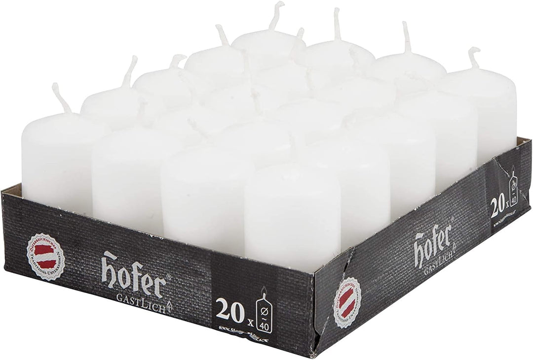 Hofer Stumpenkerzen Wachskerzen - Lange Brenndauer: 7 Stunden - 4 x 7 cm - Farbe Weiss - 80 Stück We