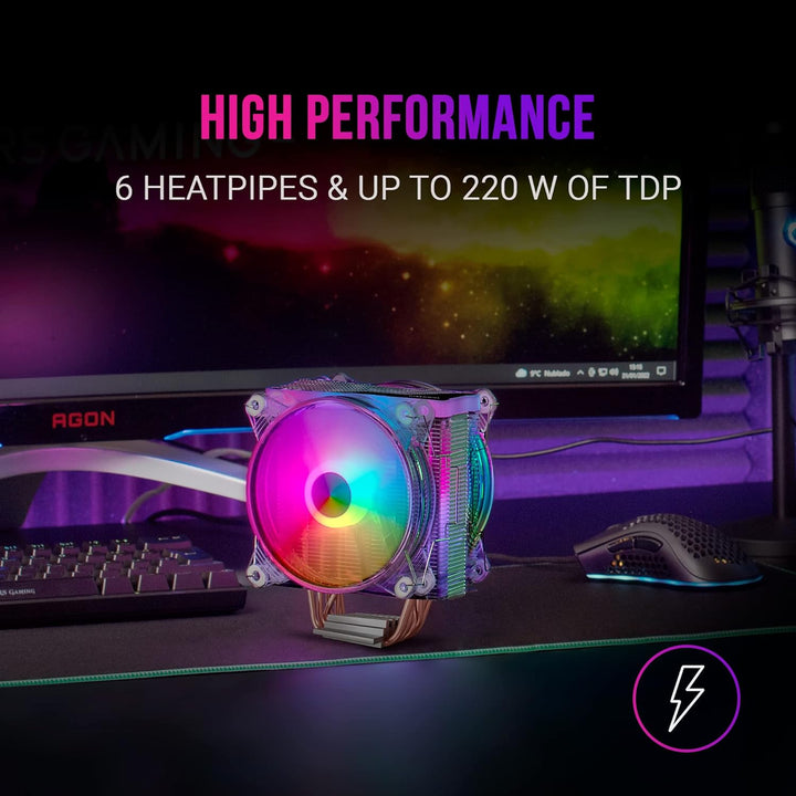 Mars Gaming MCPU66, Dreifach ARGB CPU Kühlkörper, 6 Heatpipes HCT, TDP 220W, 2 Lüfter 12cm, Schwarz,