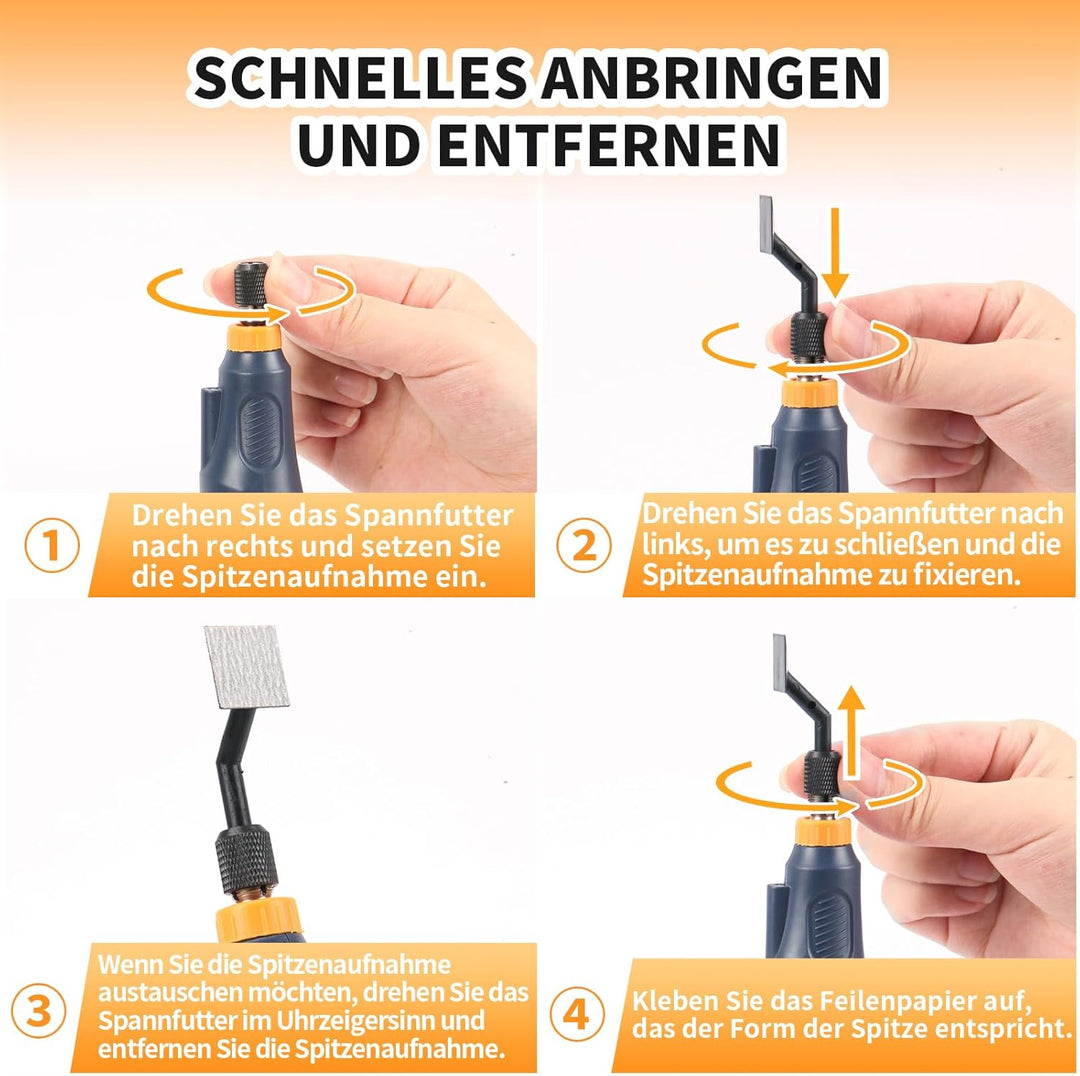 Hubschleifer, variable Drehzahl und USB-Aufladung mit LED-Licht, Stiftschleifer mit 6 Schleifköpfen,