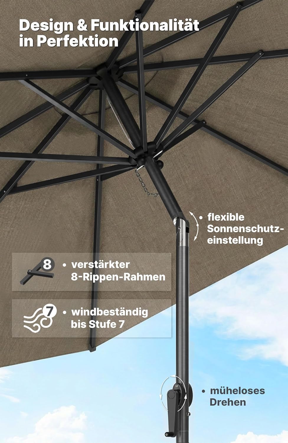 4smile Sonnenschirm 300 cm, mit Kurbel – grosser Sonnenschirm Balkon für die Terrasse, mit UV 50+ Sc