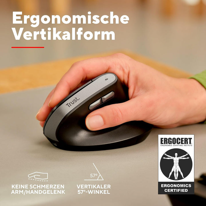 Trust Yuno Wiederaufladbare Vertikale Maus, Kabellose Ergonomische Maus 2.4GHz, Vorbeugung Gegen Mau