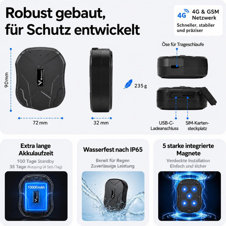4G LTE GPS Tracker,GPS Tracker Auto 10000mAh 80 Tage Standby Starker Magnet Wasserdicht Tracker und