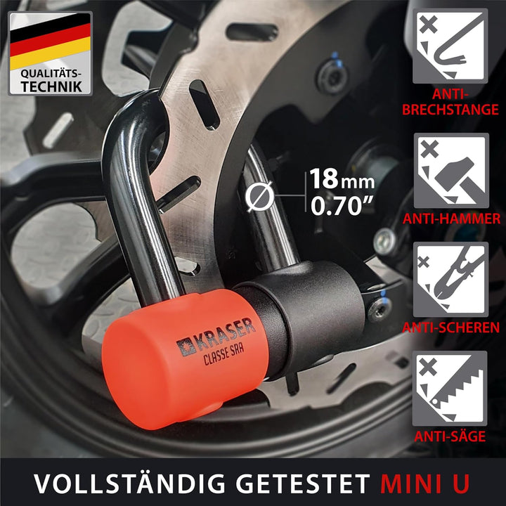 KRASER KR50120L Kettenschloss Schloss Motorrad-Scheibensperre gegen Diebstahl Mini U ø18 + Kette 120