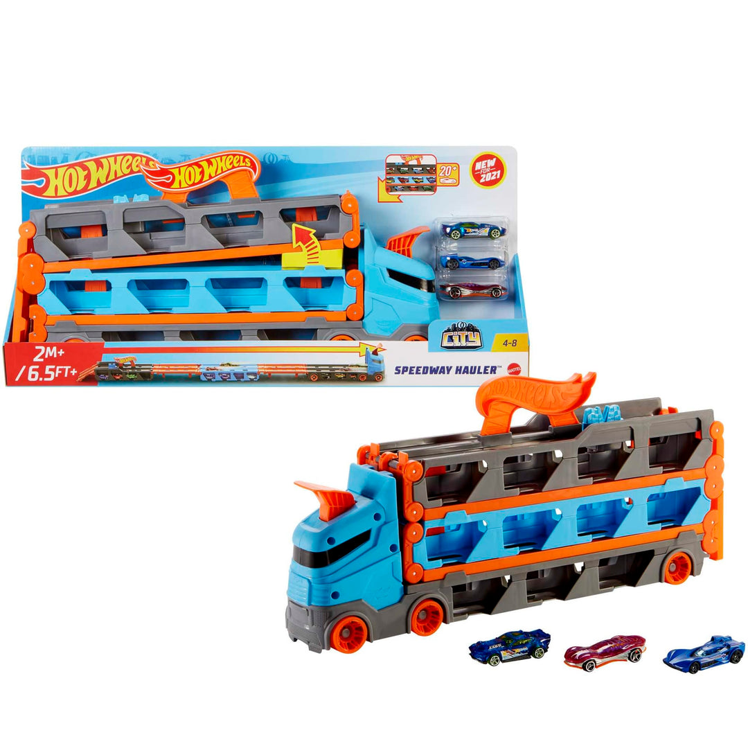 Hot Wheels - 2:1 Autorennbahn zu Transporter, inkl. 3 Spielzeugautos, mit Doppelstarter, Auslösefunk