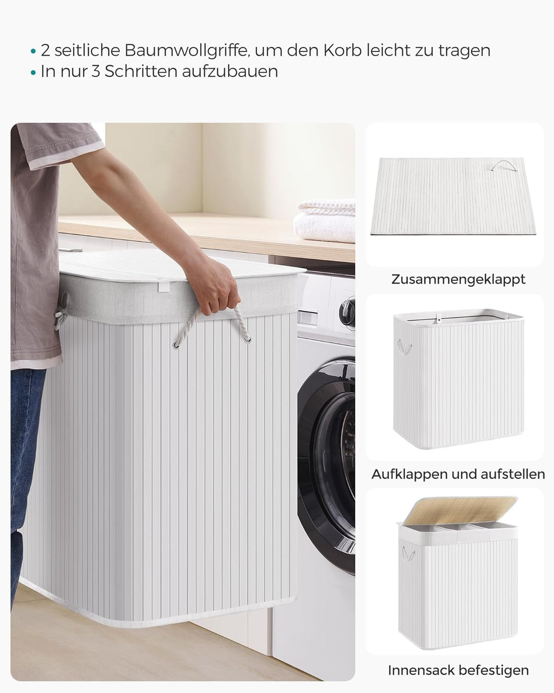 SONGMICS 150L Wäschekorb, Wäschebox mit Deckel, Wäschesortierer, aus Bambus, mit Griffen, 3 Fächern,