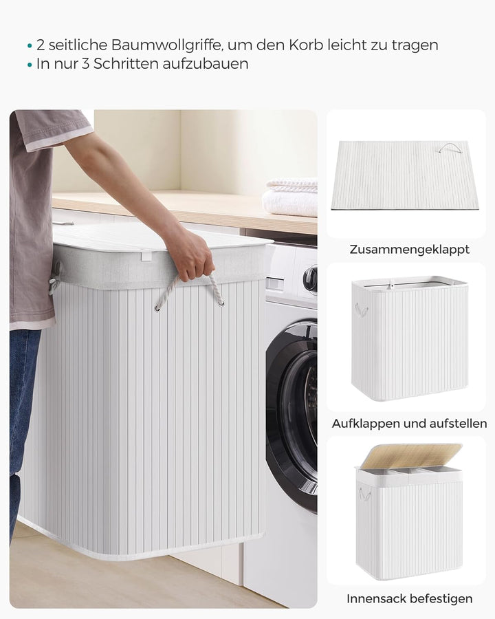 SONGMICS 150L Wäschekorb, Wäschebox mit Deckel, Wäschesortierer, aus Bambus, mit Griffen, 3 Fächern,
