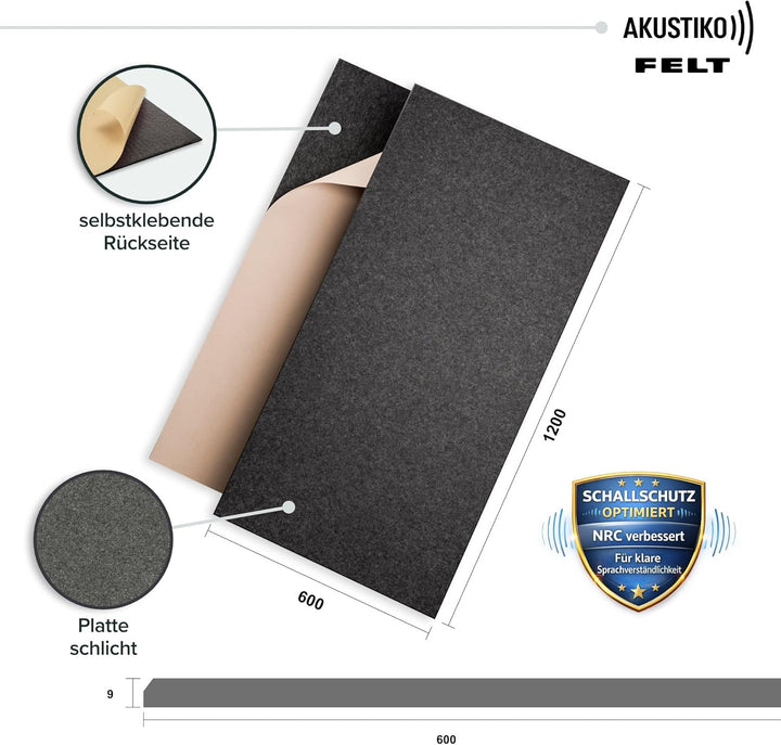 AKUSTIKO Akustikpaneele Selbstklebend 120x60cm - 4 Stück Graphit Akustik Wandpaneele Schallschutz &