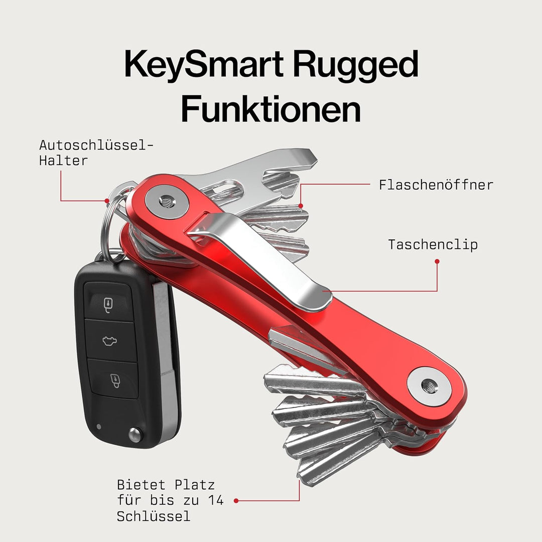 KeySmart Rugged - Multi-Tool Schlüsselhalter mit dem Flaschenöffner und Taschen Clip (bis zu 14 Schl
