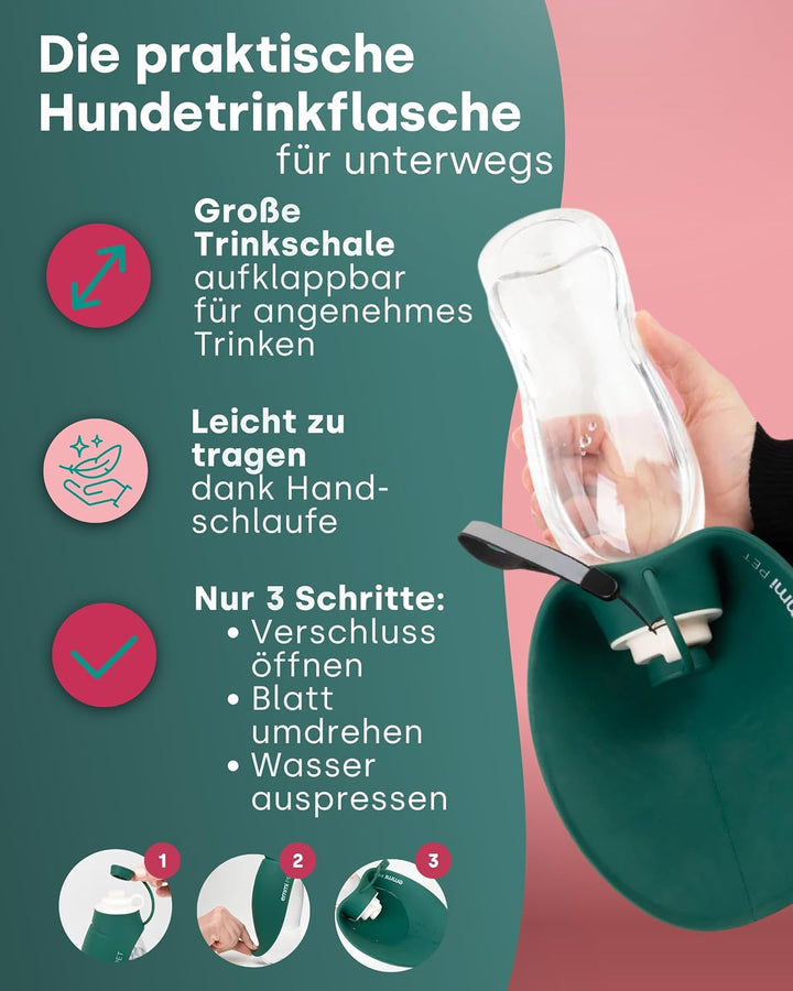 emmi-PET Hundetrinkflasche in Dunkelgrün I 580 ml I Auslaufsichere Trinkflasche mit integriertem Nap
