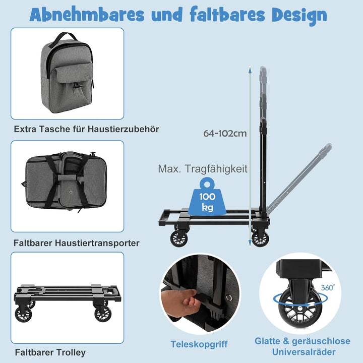 SORAS Transportbox Katze 57 x 34 x 34 cm, Flatbare Transporttasche für Hund mit Rädern, Teleskopgrif