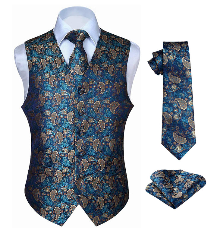 HISDERN Herren FLoral Hochzeit Weste Krawatte Einstecktuch Taschentuch Jacquard Weste Anzug Set XXL