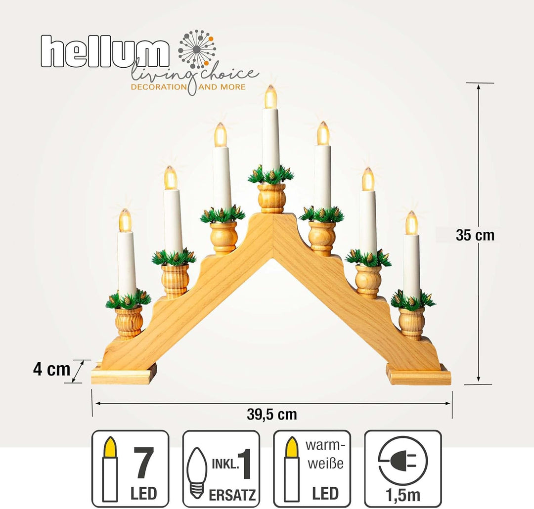 Hellum Schwibbogen Weihnachten für innen, Fensterbeleuchtung Weihnachten, 39x34cm naturfarben mit 7