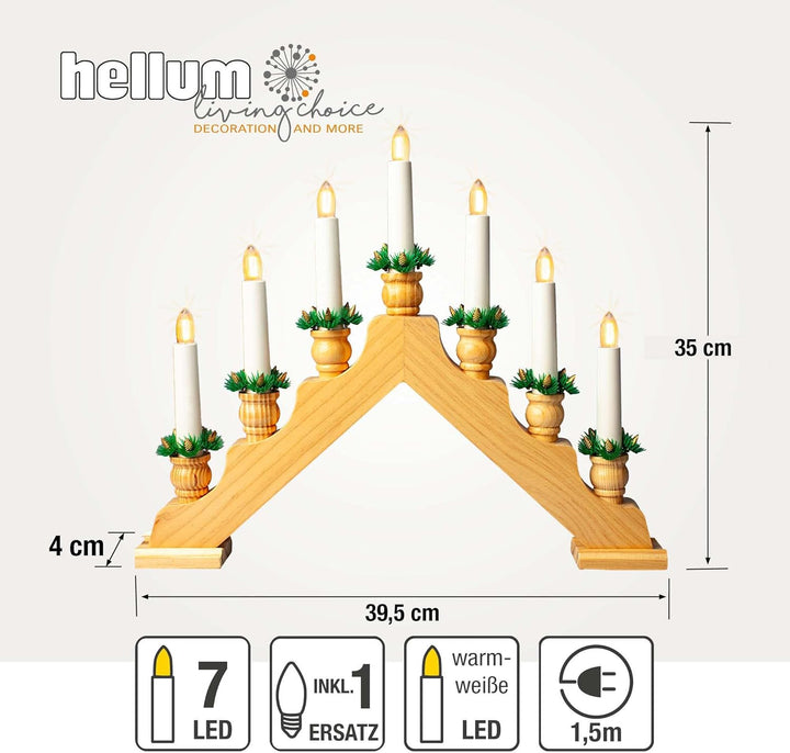 Hellum Schwibbogen Weihnachten für innen, Fensterbeleuchtung Weihnachten, 39x34cm naturfarben mit 7