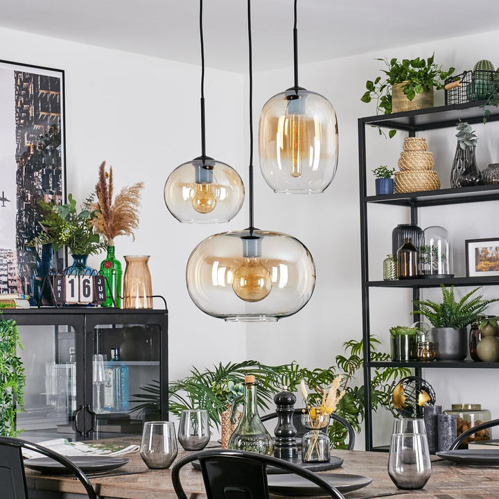 HOFSTEIN Hängeleuchte Apedo, 3-flammige Hängelampe aus Metall/Glas in Schwarz/Bernstein/Klar, modern