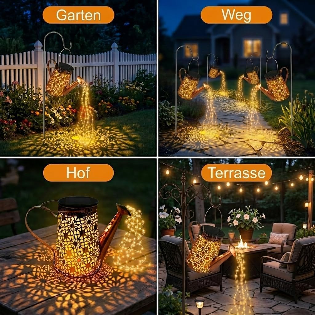 FLSEPAMB 2 Stück Solar Giesskanne mit Lichterkette Aussen Gartendeko, IP65 LED Solar Giesskanne mit