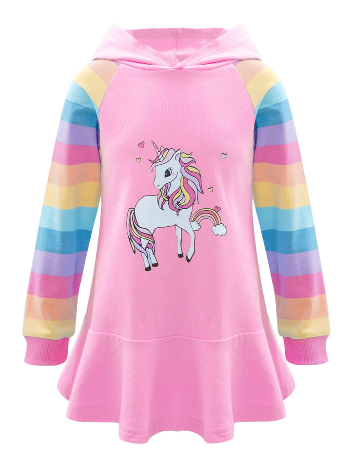 TiaoBug Mädchen Kapuzenpullover Langarm Sweatkleid mit Kapuze Einhörner Aufdruck Hoodie Cartoon Top