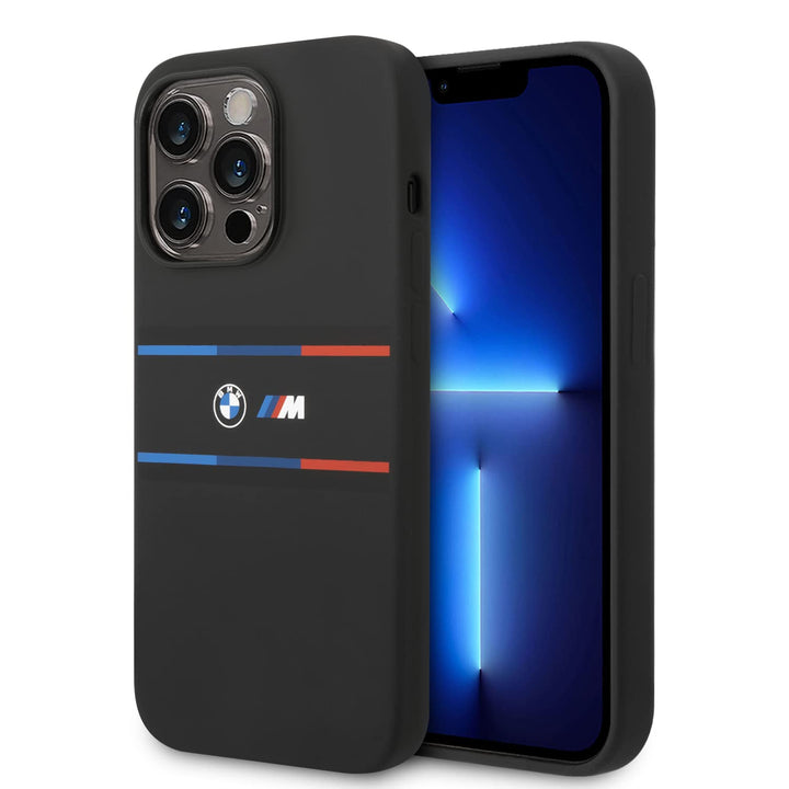 CG MOBILE BMW Schutzhülle für iPhone 14 Pro in Schwarz mit dreifarbigem Zwischenlogo, Silikon, glatt