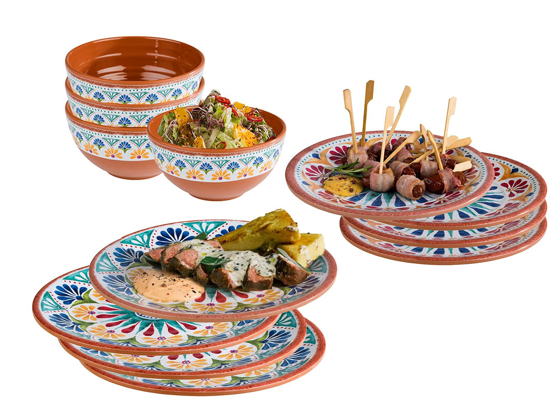 Melamin Ess-Geschirr Set für 4 Personen, Campinggeschirr mediterranes Design Essgeschirr für 4 Perso