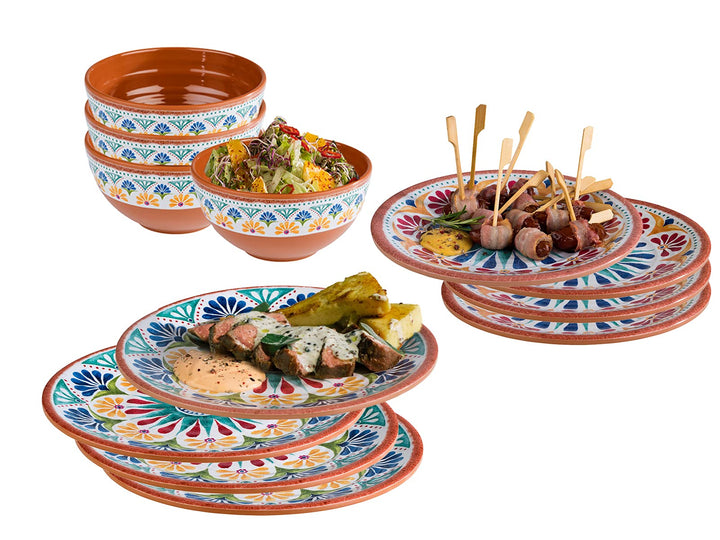 Melamin Ess-Geschirr Set für 4 Personen, Campinggeschirr mediterranes Design Essgeschirr für 4 Perso