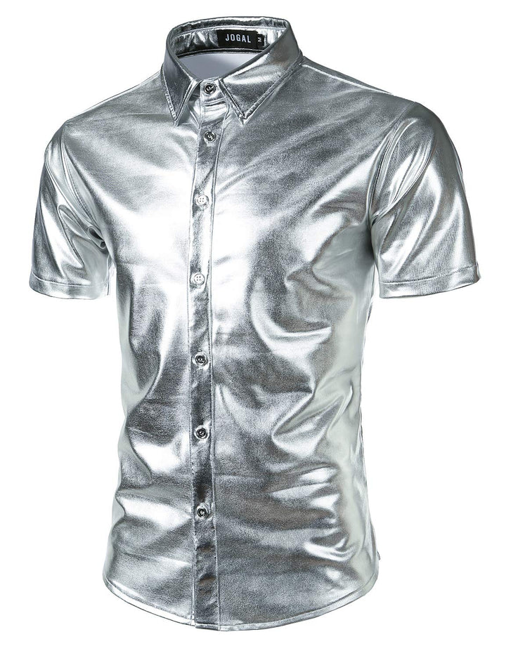 JOGAL Herren Metallic Glänzend Bronzing Nachtklub Party Hemd Silber XXL, Silber XXL