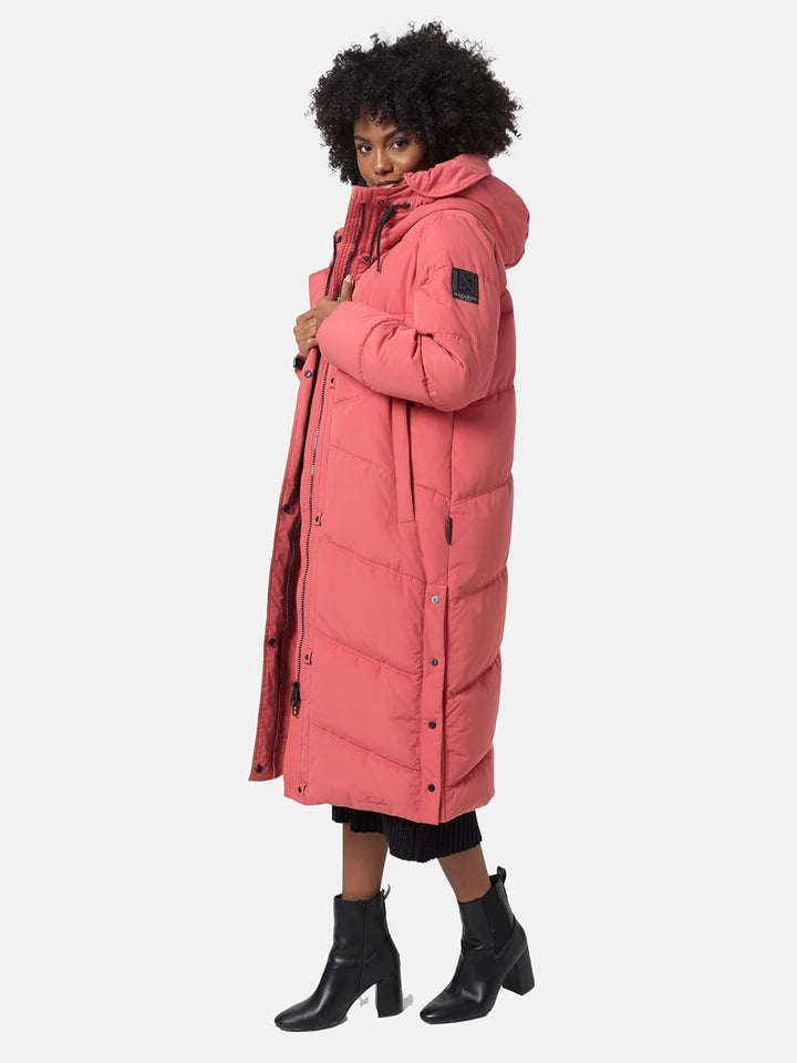 Navahoo Damen Wintermantel Warmer Steppmantel lang mit Kapuze Kuschelmausi S-XXL, Rouge