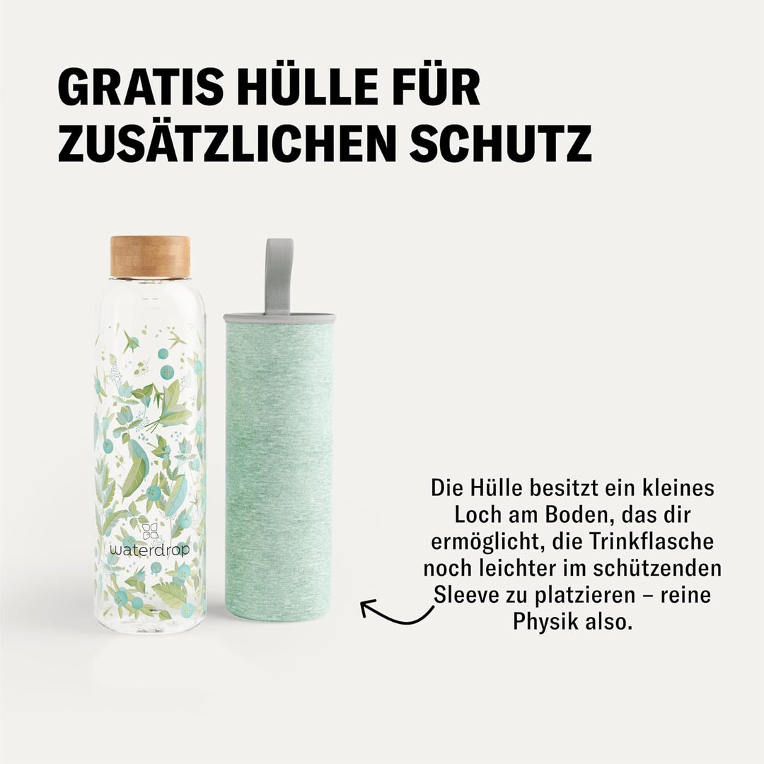 waterdrop® Edition Glass Bottle 600ml Trinkflasche Glas auslaufsicher, Kohlensäure geeignet | BPA fr