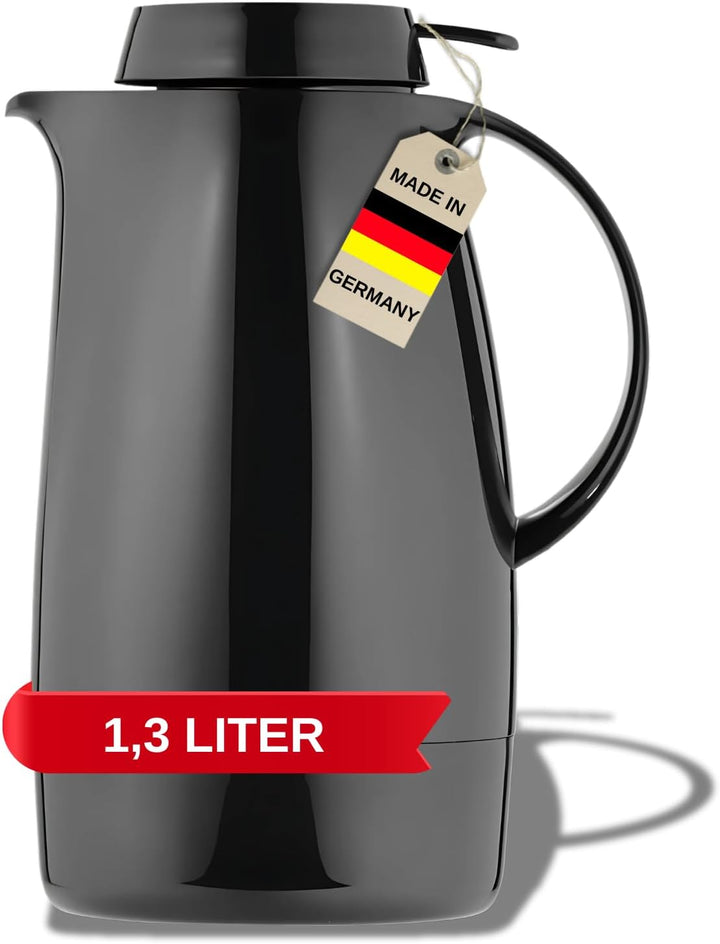 Helios Servitherm Thermoskanne Schwarz 1,3L – 6h Heiss - Hält Getränke heiss & kalt – Einhandbedienu