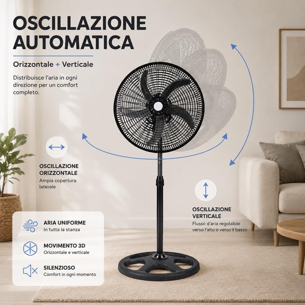 BAKAJI Ventilator 3-in-1, Tischventilator aus Stahl und Kunststoff, 3 einstellbare Geschwindigkeiten