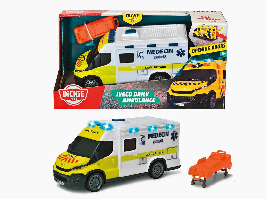 Dickie – Krankenwagen Samu 18 cm – Fahrzeug Massstab 1:18 – Sound und Lichter – inklusive Trage – ab