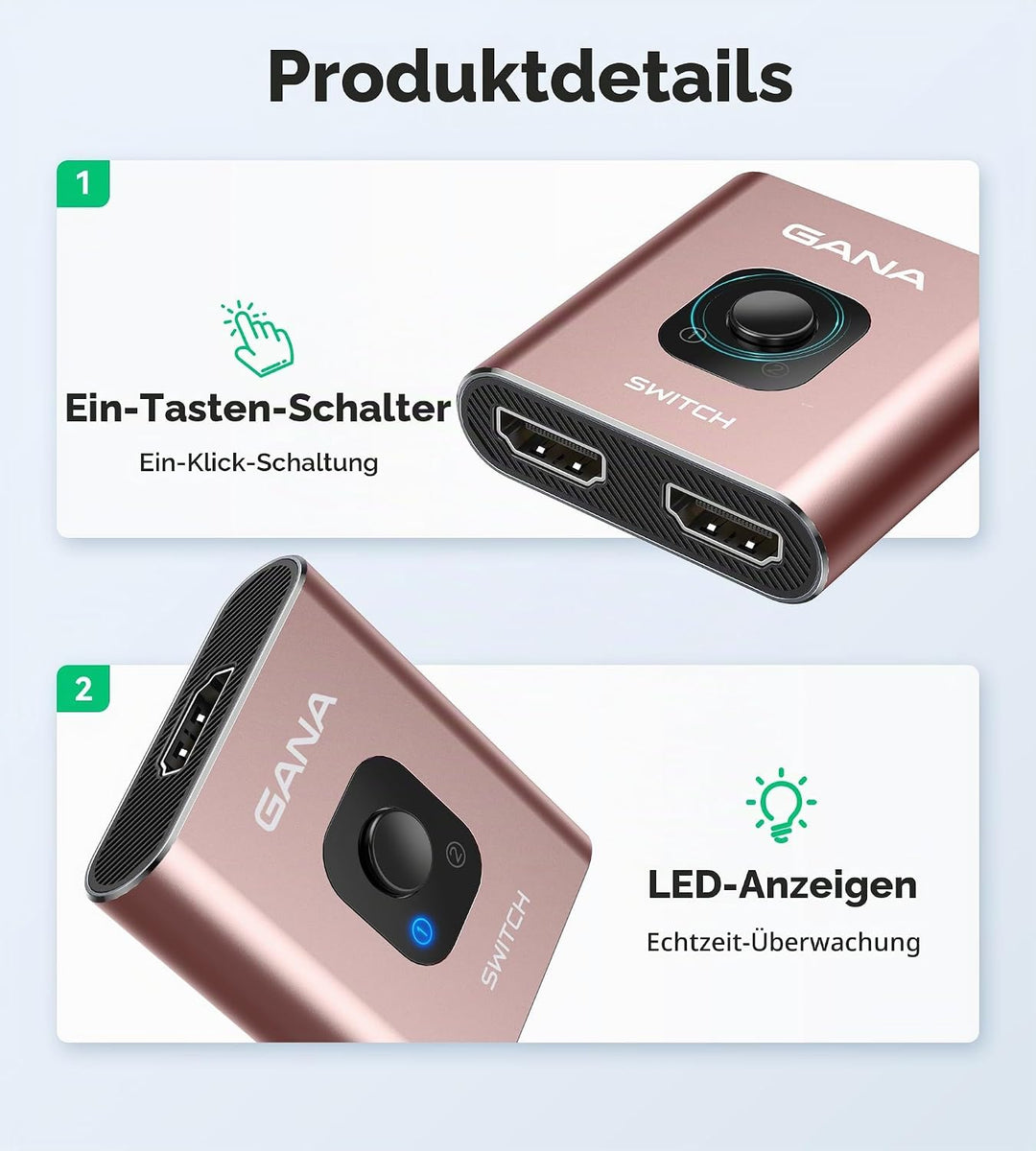 HDMI Splitter HDMI Switch, GANA 4K HDMI Splitter Bidirektionaler 2 In 1 Out oder 1 In 2 Out HDMI Ver