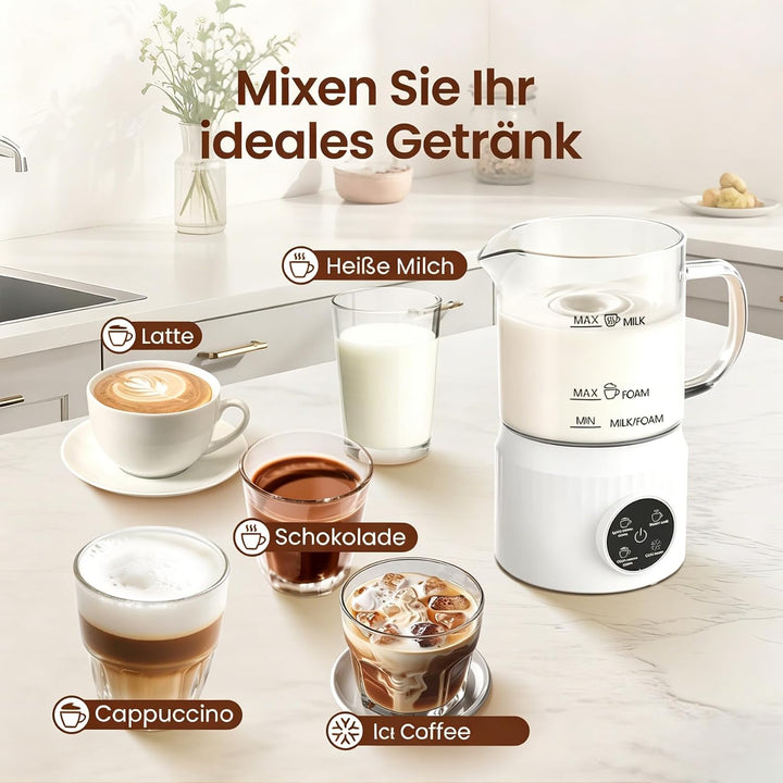 Milchaufschäumer Elektrisch 4 in 1, Automatischer Milchwärmer Milchschäumer für heiss und kalt, Glas