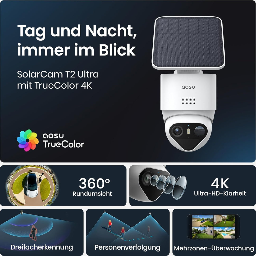 AOSU T2 Ultra 4K UHD Überwachungskamera Aussen Solar Akku für aosuCortex, 4 Cam-Kit, TrueColor Nacht