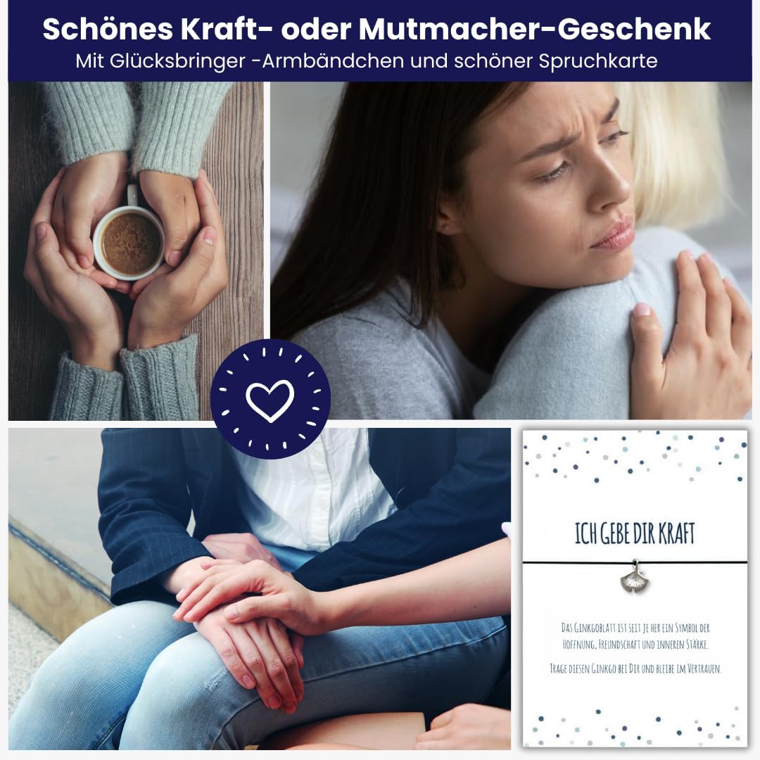 Glücksschmiedin – Grusskarte „Kraft“ mit Wunscharmband & Ginkgo-Anhänger – Mutmacher Geschenk mit Be