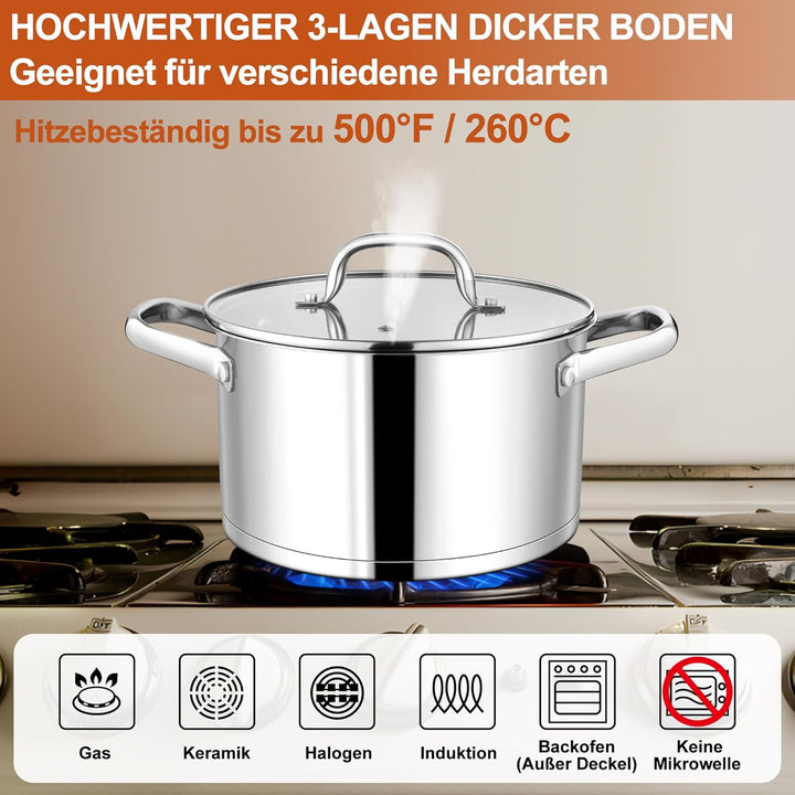 Homikit Kochtopf Gross 7,6L, Edeastahl Topf Nudeltopf Induktion mit 3-Lagen Böden für alle Herdearte