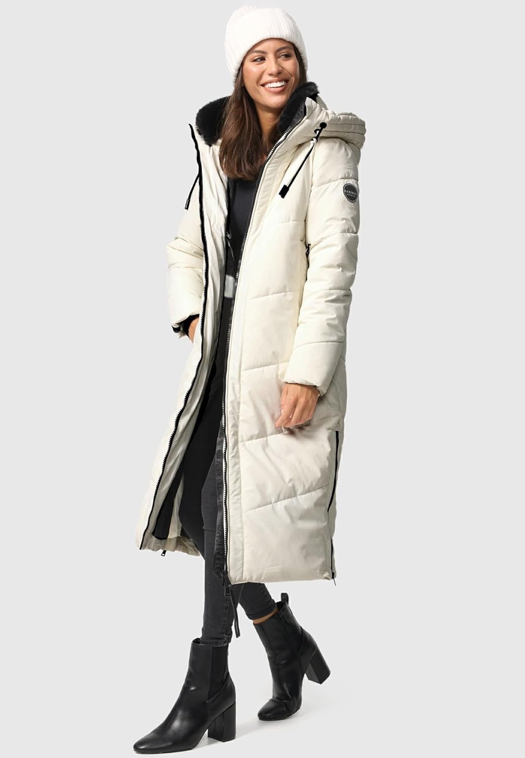 MARIKOO Damen Wintermantel Warmer Steppmantel lang mit Verstellbarer Kapuze und hohem Kragen Nadaree