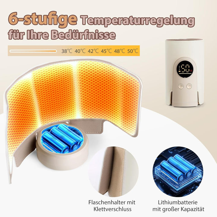 Tragbarer Flaschenwärmer Baby, Flaschenwärmer Baby Unterwegs mit LCD-Display, USB-Aufladung, 6 Einst