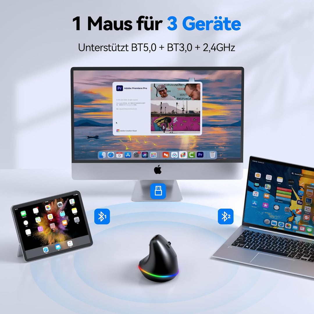 TECKNET Vertikale Ergonomische Kabellos Maus, 2,4 GHz + Bluetooth, Wiederaufladbar Maus mit 4800 DPI