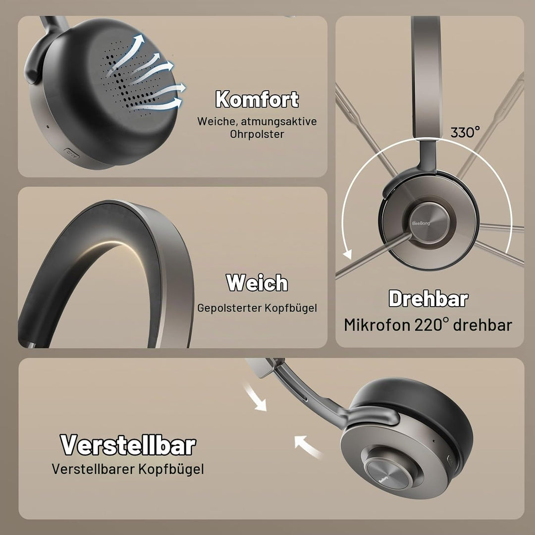 Beebang Bluetooth Headset mit Mikrophone, Kabelloses Headset für PC Laptop, 32h Gesprächszeit, USB A