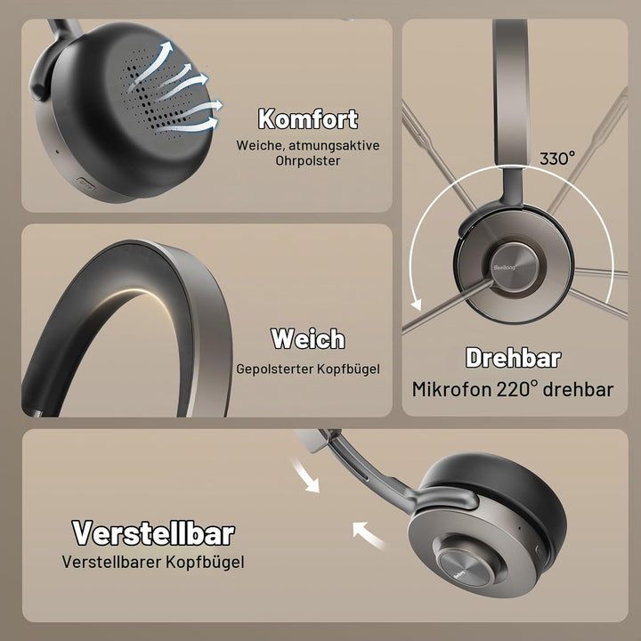 Beebang Bluetooth Headset mit Mikrophone, Kabelloses Headset für PC Laptop, 32h Gesprächszeit, USB A