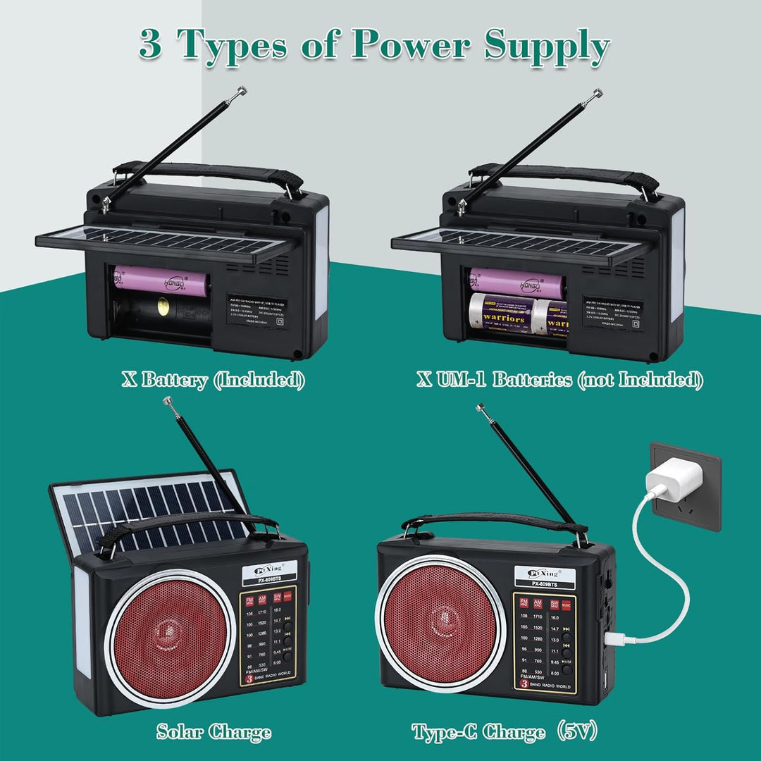 Tragbares Retro-Radio, kompaktes AM/FM/SW-Bluetooth-Radio mit Solarpanel, tragbare LED-Beleuchtung,