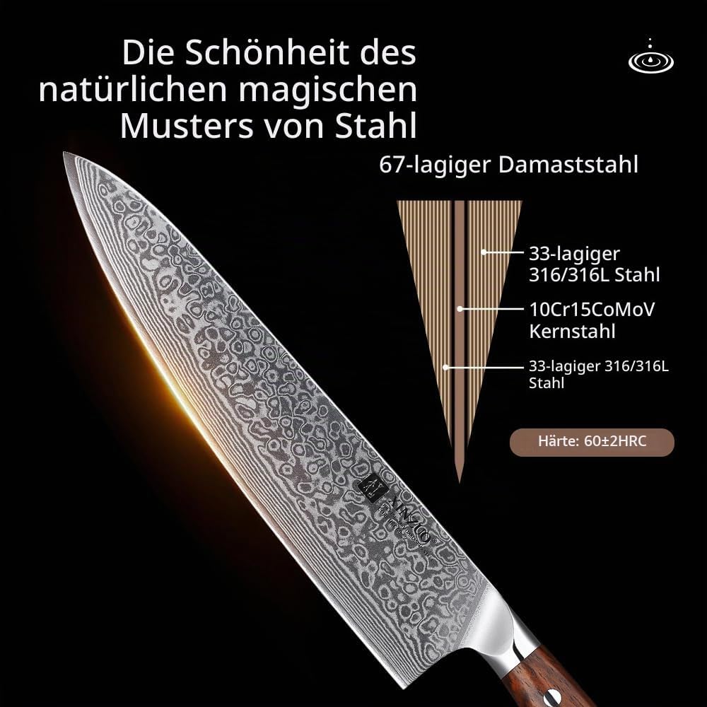 XINZUO Damaststahl Kochmesser 25.5cm, Handgeschmiedet scharf Küchenmesser 67 Schichten Damaststahl p