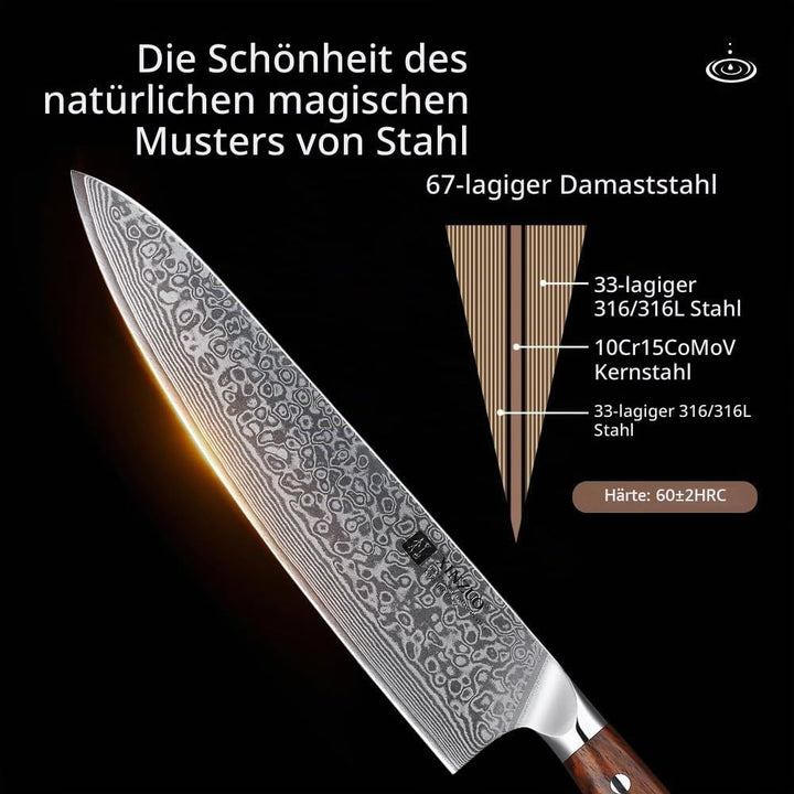 XINZUO Damaststahl Kochmesser 25.5cm, Handgeschmiedet scharf Küchenmesser 67 Schichten Damaststahl p