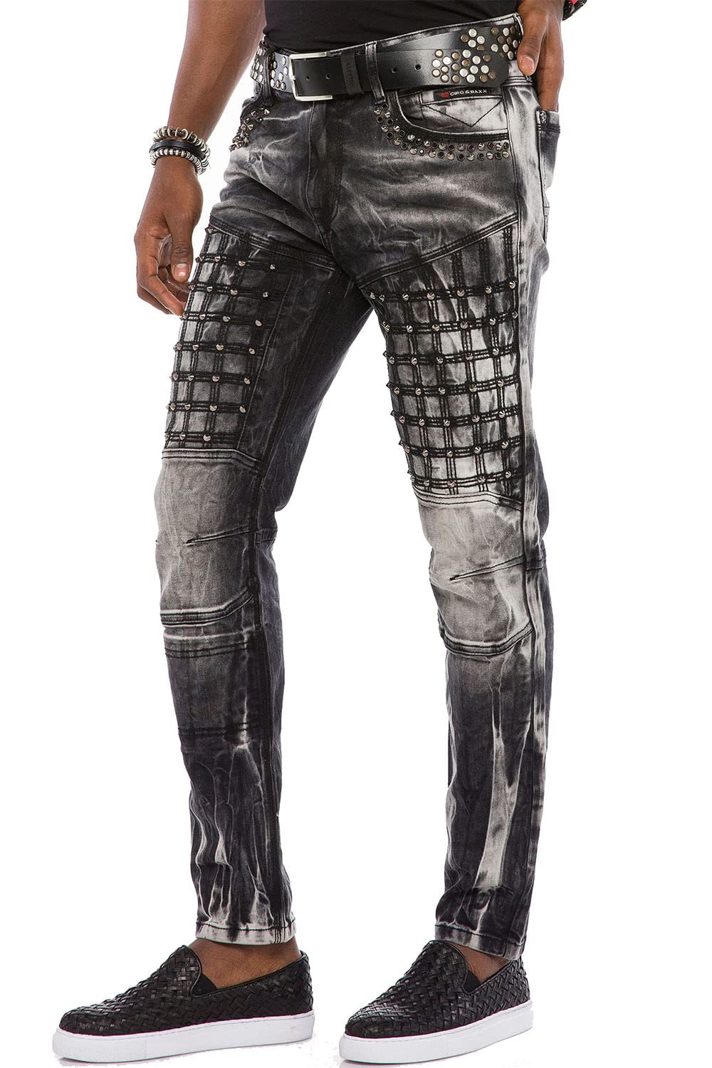 Cipo & Baxx Herren Jeans Hose Slim Fit Denim Gitternähten Straight Fit Jeanshose Schwarz W30 L34