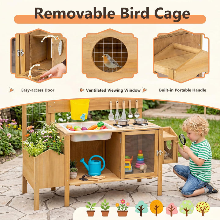 DREAMADE Matschküche Kinder Outdoor, Mud Kitchen Holz | Küche Kinder mit Rankgitter, Pflanzkasten &amp;