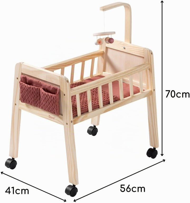 howa Puppenbett Holz Grace mit Rollen, Mobile, Matratze, Decke &amp; Stofftasche, Puppenmöbel für Puppen