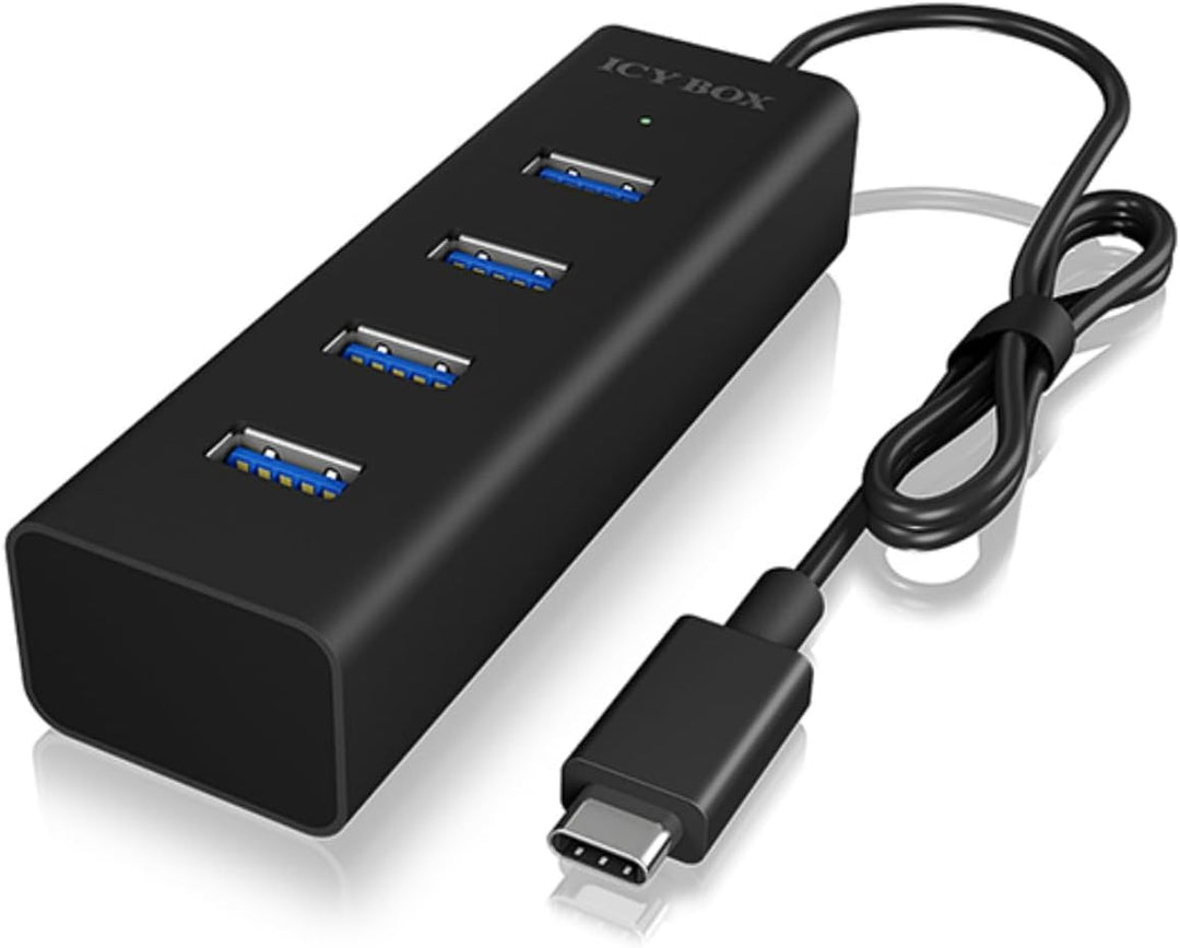ICY BOX 4-fach USB 3 Hub (4x USB-A 3.0), USB-C 3 Verbindung, integriertes Kabel, Aluminium, IB-HUB14