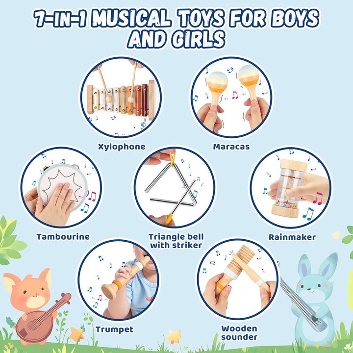 Musikinstrumente für Kinder, Musikspielzeug Baby Trommel Xylophon Holz Montessori Spielzeug, Sensori