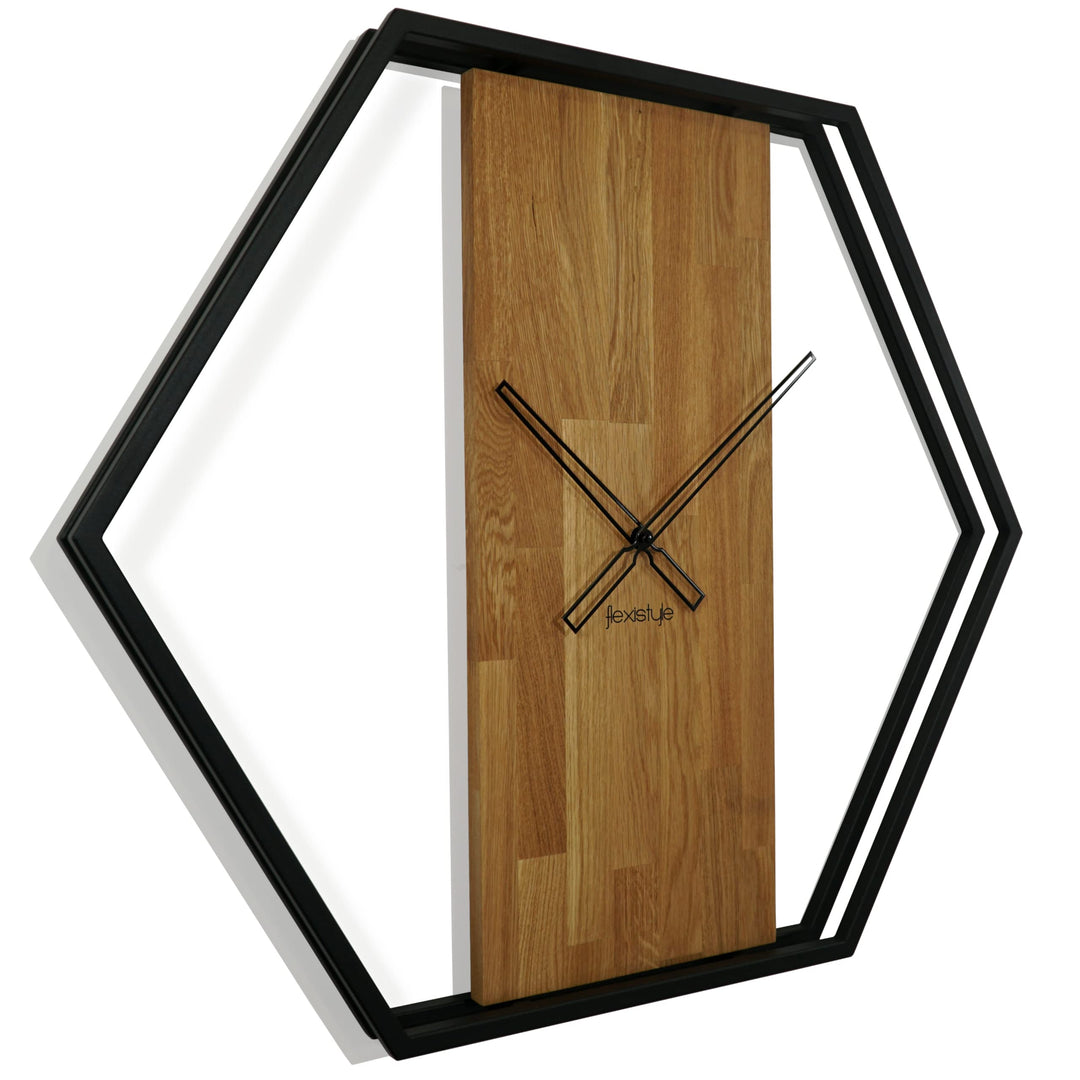 FLEXISTYLE Wanduhr gross XXL Hexagon Holz Eiche LOFT schwarz Industrial modern 80cm Durchmesser ohne