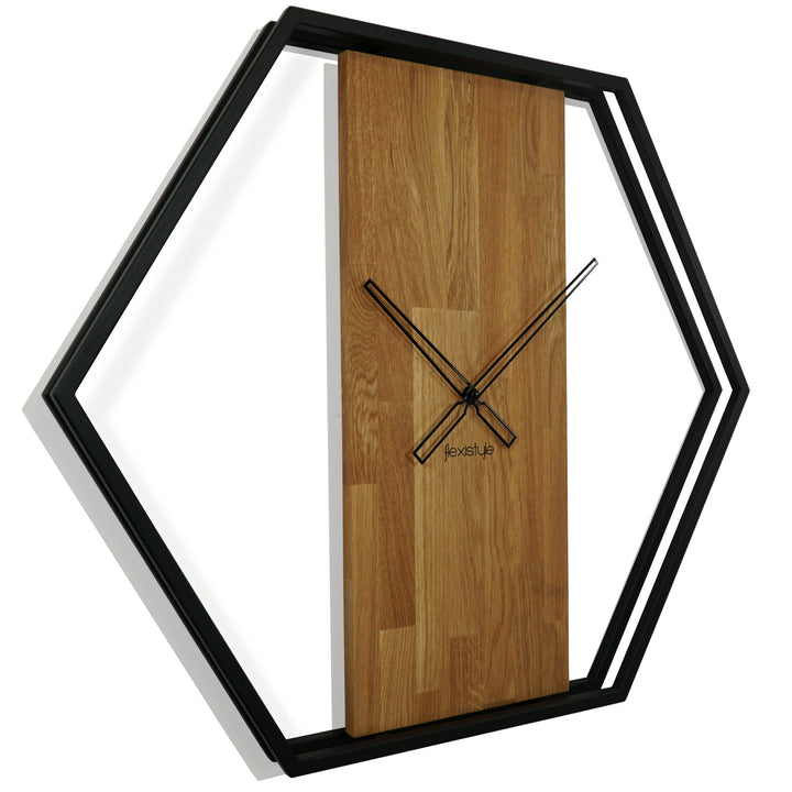 FLEXISTYLE Wanduhr gross XXL Hexagon Holz Eiche LOFT schwarz Industrial modern 80cm Durchmesser ohne
