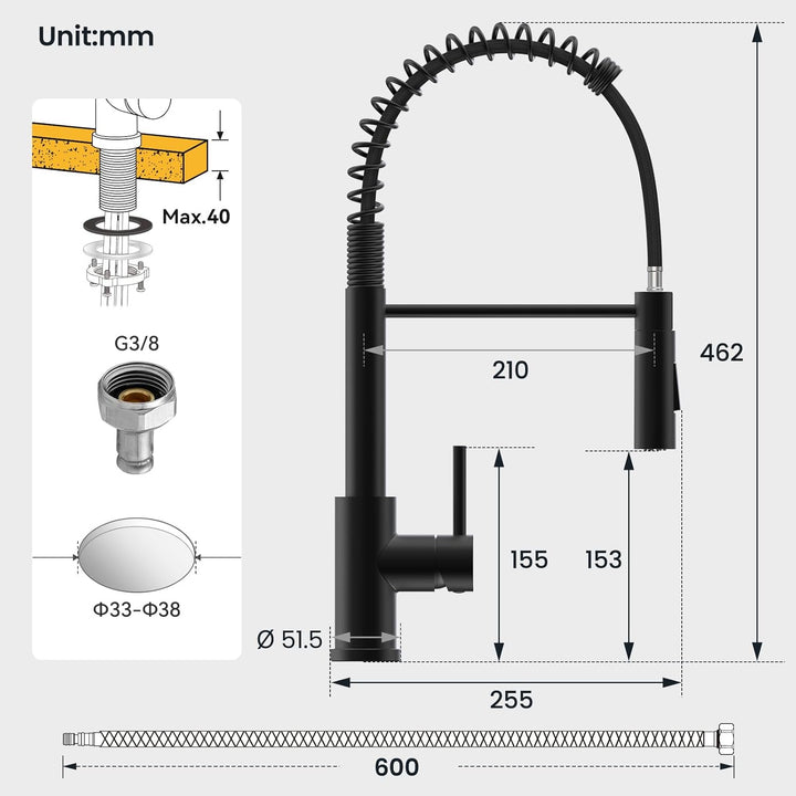 CECIPA Wasserhahn Küche Schwarz, Hochdruck Küchenarmatur Mit Herunterziehbare Brause, Mischbatterie